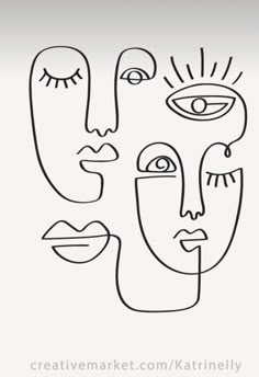 three faces drawn in black and white on a white background