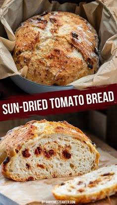 An image of sun-dried tomato bread in a Dutch oven.  A second image shows the loaf removed from the dutch oven, with a slice cut out, showing the inside of the bread. Sun Dried Tomato Bread, Artesian Bread, Hearty Bread, Garlic Baked, Dutch Oven Bread, Tomato Bread, Herb Bread, Artisan Bread Recipes, Asiago Cheese