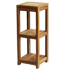 a wooden shelf with two shelves on each side and one shelf at the top for storing items