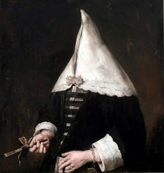 an oil painting of a woman in black and white with a hood on her head