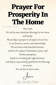 a prayer card with the words, prayer for prosperity in the home and an image of a