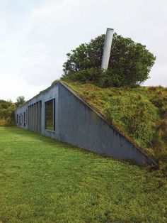 a house with grass growing on the roof and windows in front of it, sitting on top of a grassy hill