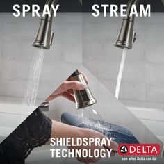 two hands are spraying water from a faucet