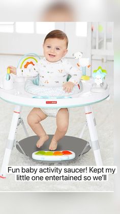 a baby sitting in a high chair with toys on the floor next to it and text that reads, fun baby activity such kept my little one entertained so well