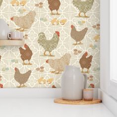 the wallpaper in this kitchen is decorated with chickens and roosters, as well as vases