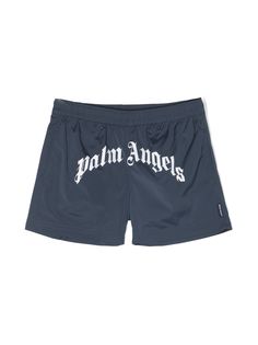 logo-print swim shorts from PALM ANGELS KIDS featuring two side inset pockets, rear flap pocket, navy blue, logo print to the front and elasticated waistband. Be mindful to try on swimwear over your own garments.. Angel Kids, Printed Swim, Blue Logo, Kids Logo, Palm Angels, D 2, Dream Wardrobe, Swim Shorts, Try On