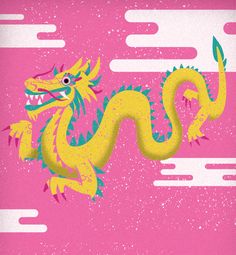 a yellow dragon on a pink background