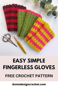 crocheted fingerless gloves with text that reads easy simple fingerless gloves free crochet pattern