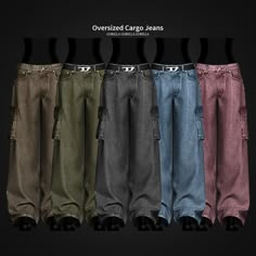 five different colored cargo jeans with black background