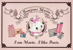 a pink greeting card with an image of a cat and presents on the front, says bonjou marie i am marie like paris