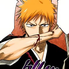 an anime character with orange hair holding his hand over his mouth and looking at the camera