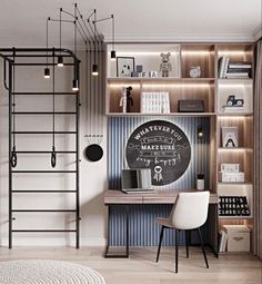 an office with shelves, desk and chair in the corner next to a spiral staircase