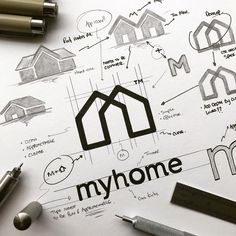 a paper with the word myhome on it next to some pens and pencils