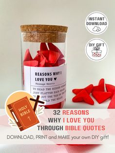 🤍 Download and Print  🤍 Make love note hearts 🤍 Place in a jar or gift box 🤍 Put a label on it  🤍 Give to a loved one 🤍 Look this printable DIY gift set for your boyfriend or husband: "32 Reasons Why I Love You Through Bible Quotes"! This set includes 32 heartfelt reasons why you love him, each expressed through a carefully selected Bible quote, presented in love note hearts ready for printing. It's the perfect relationship gift for anniversaries or birthdays, especially for Christian part Boyfriend Gift Birthday, Gift For Husband Anniversary, Bible Verse Quotes, Reasons Why I Love You, Diy Gift Set, Husband Anniversary, Why I Love You, Notes Gift, Relationship Gifts