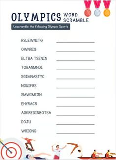 an olympic word scramble is shown in the middle of a page with people on it
