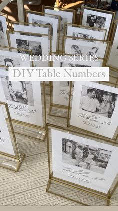 wedding series diy table numbers in gold frames with photos on the front and back