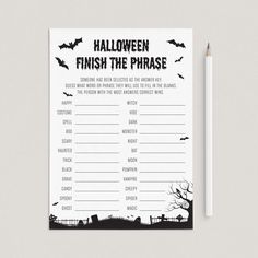 a printable halloween finish the phrase game with a pencil next to it on a table