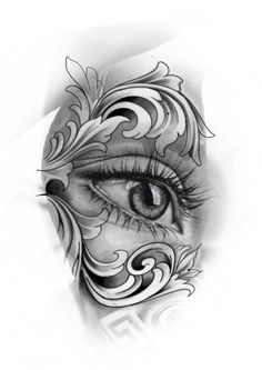 a woman's face with an artistic tattoo design on the upper half of her eye