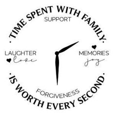 a clock with the words time spent with family, laughter, love, memories and worth every second