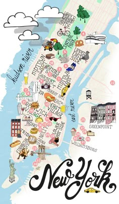 the new york city map is shown in this hand drawn illustration, which features many different locations