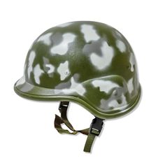 the helmet is camouflaged and has a green strap around it's neckline