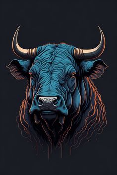 the head of a bull with long horns on a black background, painted in neon colors