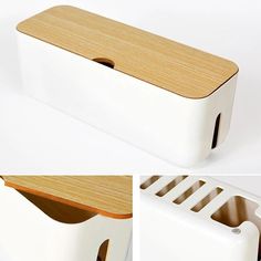 two pictures of a wooden and white container