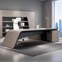 an office desk with a laptop on it in front of a window overlooking the city