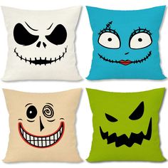 four pillows with different faces on them