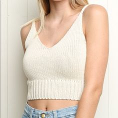 Never Worn Brandy Melville Knit Crop Top! White Knit V-neck Crop Top, Fitted V-neck Crochet Top, Knitted Cotton V-neck Top, White Crochet Knit Top, Casual White Knitted Top, Fitted V-neck Crochet Knit Top, Casual Crochet V-neck Top With Knit Fabrication, Trendy Cream Knitted Top, Chic Cotton Crochet Top