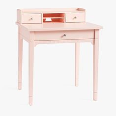 a pink desk with two drawers and one drawer on the top, in front of a white background