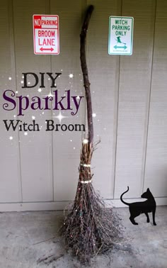 a black cat standing in front of a sign that says diy sparkly witch broom