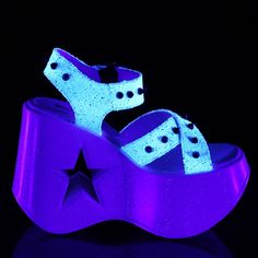 5" Wedge Star Cutout Ankle Criss Cross Platform Sandals. Uv Reactive Glow. Spike Studded Straps. Styles: Punk Goth Dr Alternative Hot Rocker Marten Music Festival Steampunk Anyd-02 Demonia Shoes, Dance Heels, Pleaser Shoes, Japan Woman, White Wedges, Glitter Stars, Platform Wedge Sandals, Platform Wedge, Ankle Straps