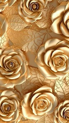 a bunch of gold roses that are in the middle of a wallpaper pattern with leaves on it