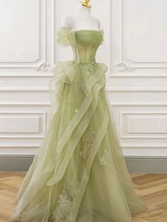 Sage Green Prom Dress, Graduation Dresses Long, Off Shoulder Tulle, Era Victoria, Lace Long Prom Dress, Green Formal Dresses, Dress With Corset, Green Tulle, Floor Length Prom Dresses