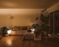 a living room filled with lots of furniture and plants on top of wooden flooring