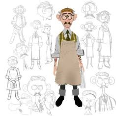 a man with glasses and an apron standing in front of a bunch of people