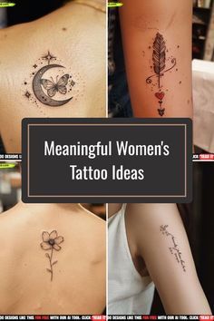 many different tattoos on the back of women's shoulders and arms, with words written below them