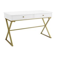 a white and gold desk with two drawers on one side, an x - leg drawer at the bottom