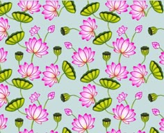 pink lotus flowers and green leaves on a blue background seamless wallpaper with butterflies