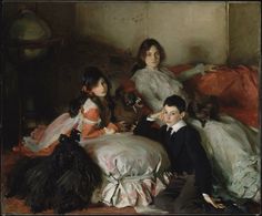 a painting of three children sitting on a bed