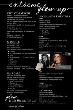 Extreme Glow Up Checklist x Taylor Hill | Diet Exercise Skin and Hair Care Body Care Essentials Skincare Glow Up Tips, Massive Glow Up, 3 Month Glow Up, Taylor Hill Workout, Looksmaxxing Woman Tips, Glow Up Diary, Model Skincare Routine, Teeth Fashion, Glowup Checklist