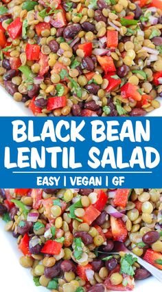 black bean lentil salad with carrots, onions and cilantro in a white bowl