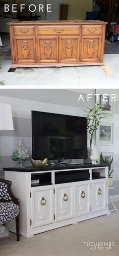 before and after photos of an old tv stand