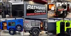 several different types of campers are shown in this collage with the words, pathway campers custom camping trailers