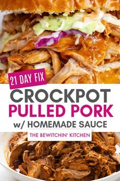 the crockpot pulled pork sandwich is in a white bowl