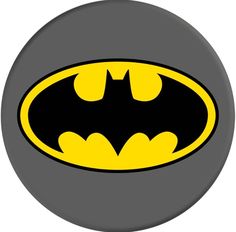 the batman symbol is shown on a black and gray button with yellow lettering that reads,