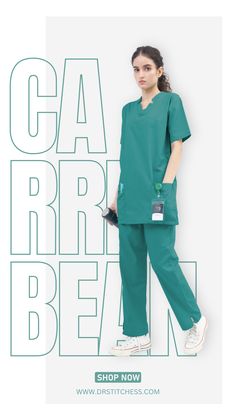 a woman in scrubs standing next to a white wall with the words caa brear