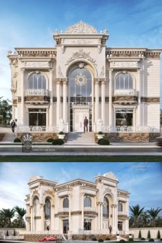 two pictures of the front and side of a large white building with columns on each floor