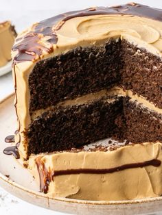 a chocolate cake with peanut butter frosting on a plate